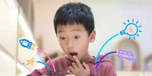 Boy reading with look of amazement
